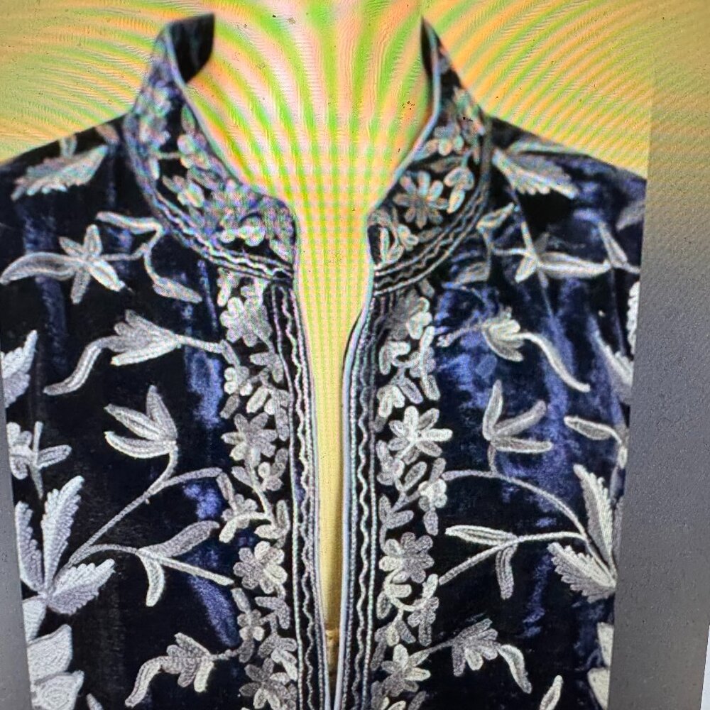 Beautiful Soft Surrounding Heavily Embroidered Navy Velvet Mugal Jacket. Size XL - Picture 7 of 11